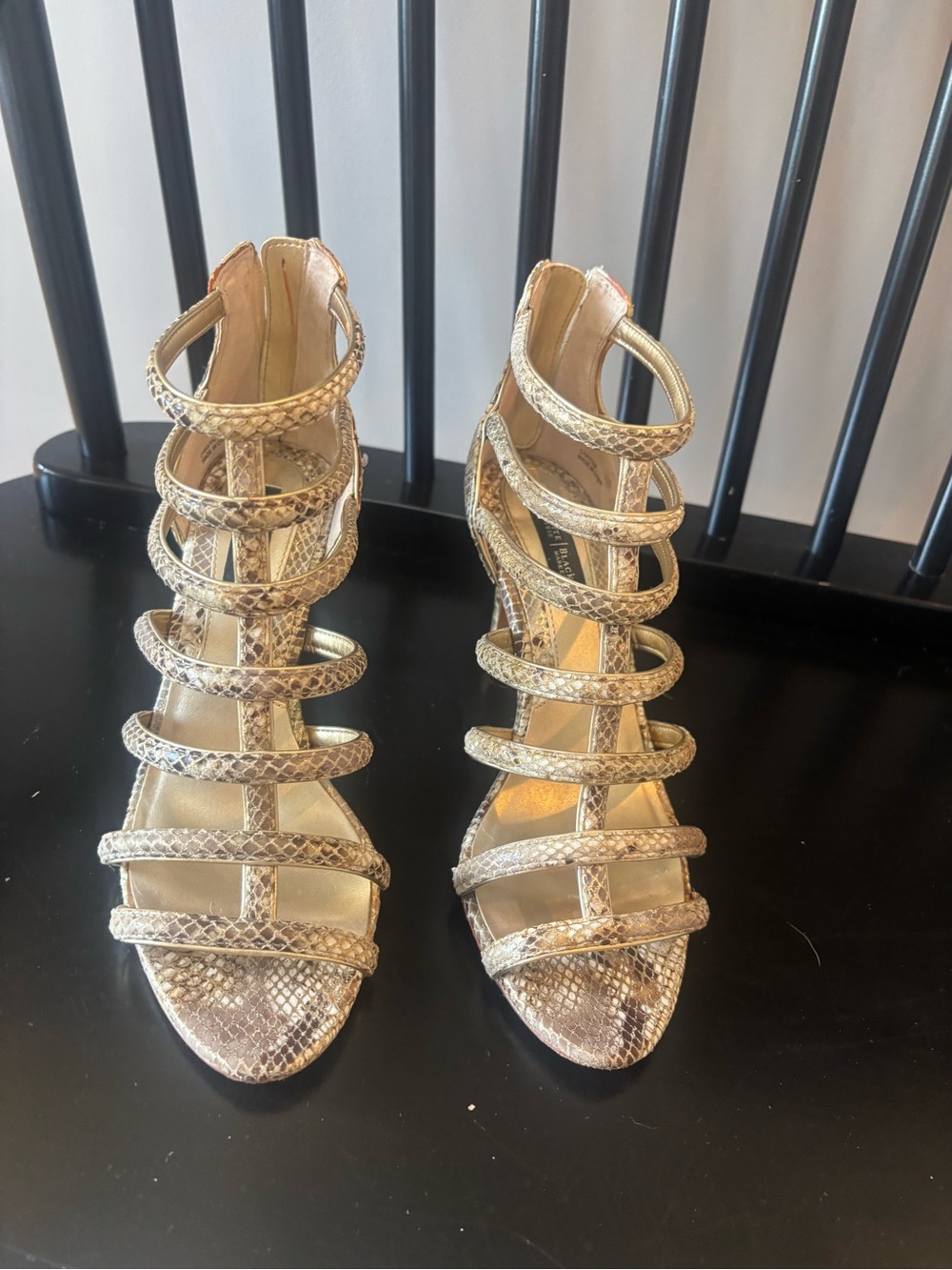 White House Black Market Gold Strappy Snakeskin Heels